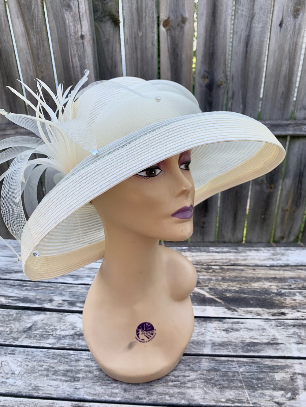 Vintage Ivory White Wide Brim Church Derby Hat Feathers Rhinestones Mesh
